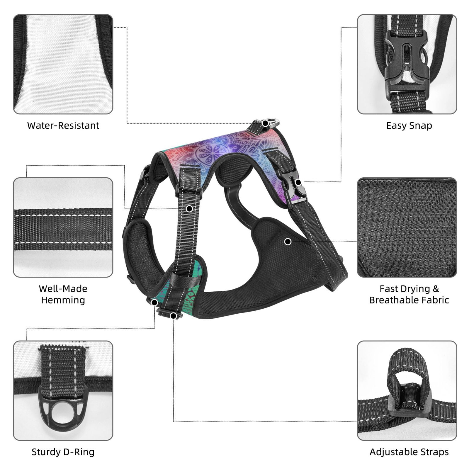 Kdxio Vintage Mandala Print No Pull Dog Harness Adjustable Reflective Oxford Easy Control Medium Large Dog Harness for Training and Everyday-Medium