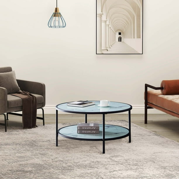 2 Tier 35 5 Round Industrial Coffee Table Marble Color Glass With Large Storage Space Modern Sofa For Living Room And Office Easy Assembly Black Frame Com Large Storage Space Modern Sofa Table, Low Level Round Coffee Table
