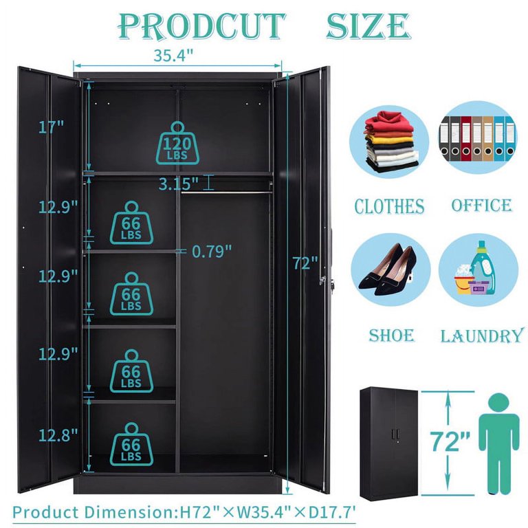 MIIIKO Steel Wardrobe, 72 Combination Storage Cabinet with Clothes Rod and  4 Shelves Organizer Storage, 2 Lockable Doors, for Office Home, Garage