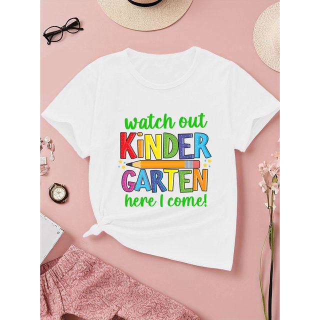 T-Shirt à Manches Courtes pour Filles "Watch Out Kindergarten Here I Come" - Haut Décontracté à Col Rond Confortable et Respirant - T-Shirts de Sortie à la Mode et Polyvalents