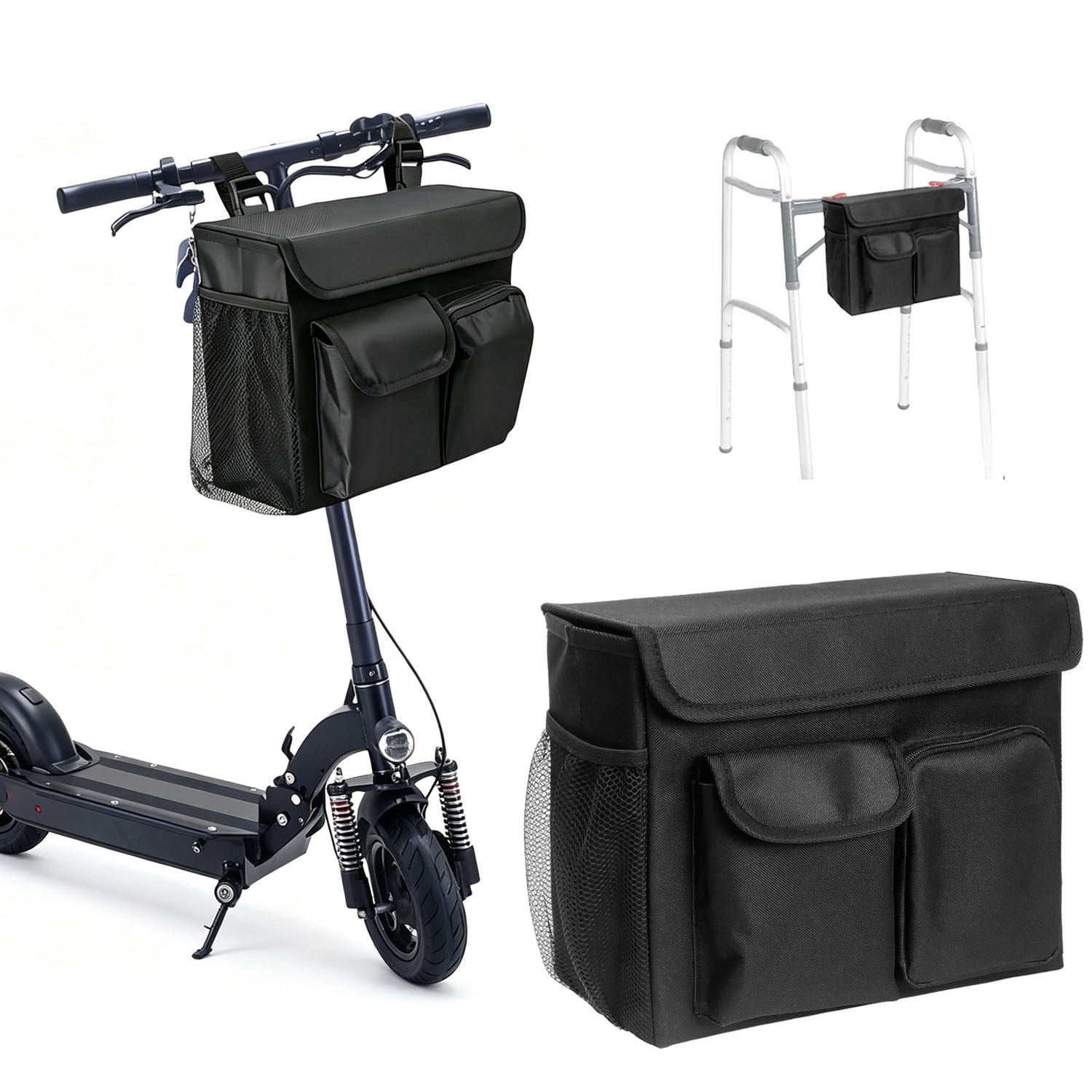 Godery Mobility Scooter Bag, Convenient Organizer Pouch with 14‑inch Laptop Pocket and Cup Holders for Wheelchair & Rollator, Black