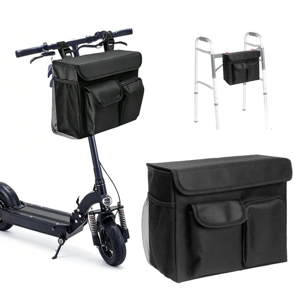 Godery Mobility Scooter Bag, Convenient Organizer Pouch with 14‑inch Laptop Pocket and Cup Holders for Wheelchair & Rollator, Black