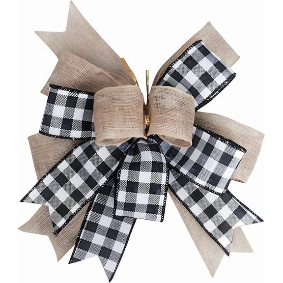 Christmas Tree Topper Plaid Bows Black White Checkered Large Rustic Farmhouse Burlap Bowknot Decoration for Fall Wedding Holiday Brown