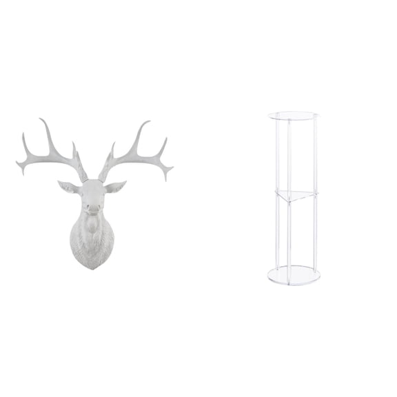 CarpNettore Resin Deer Head Wall Sculpture and Clear Acrylic Side Table for Boho Office Home Decor Unique Collectible Artwork and Functional Small Space Furniture