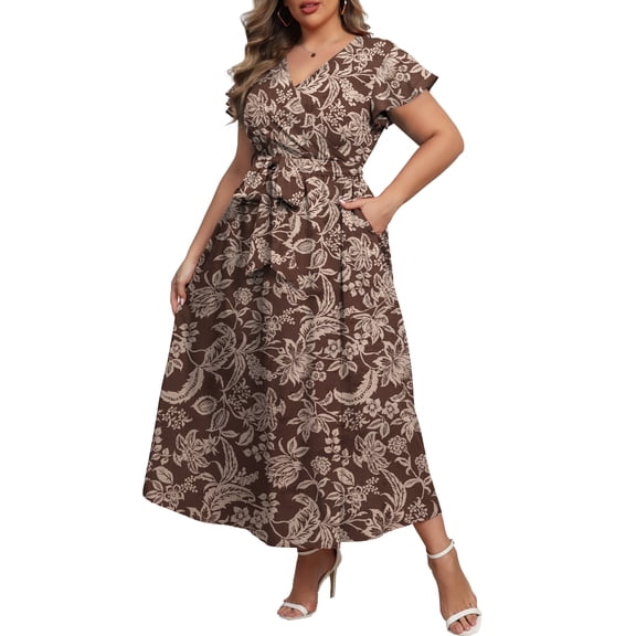a.Jesdani Women's Plus Size Maxi Dress Boho Floral Butterfly Sleeve V Neck Flowy Maxi Dress Party Wedding Guest Dress L-4X