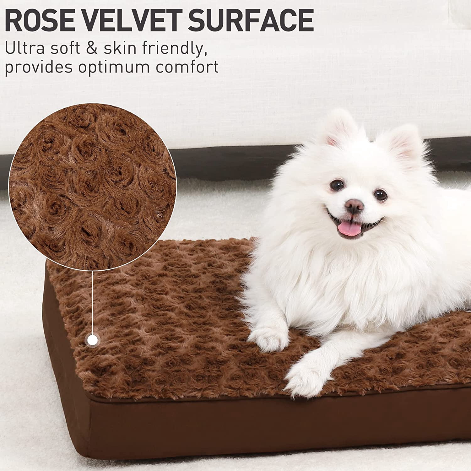 Dog Crate Bed Waterproof Dog Beds for Medium Pets Rose Velvet Soft Fluffy Washable with Removable Cover & Anti-Slip Bottom, 29 x 18 Inch, Brown