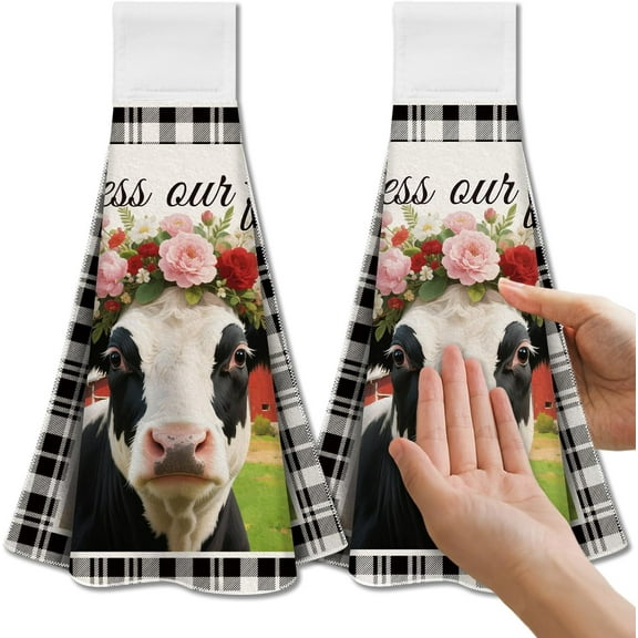 Farm Cows Hanging Kitchen Towels with Loop Set of 2 - Soft Super Absorbent Microfiber Decorative Hanging Dish Hand Towel Tea Coffee Towel for Kitchen Bathroom Oven Handle
