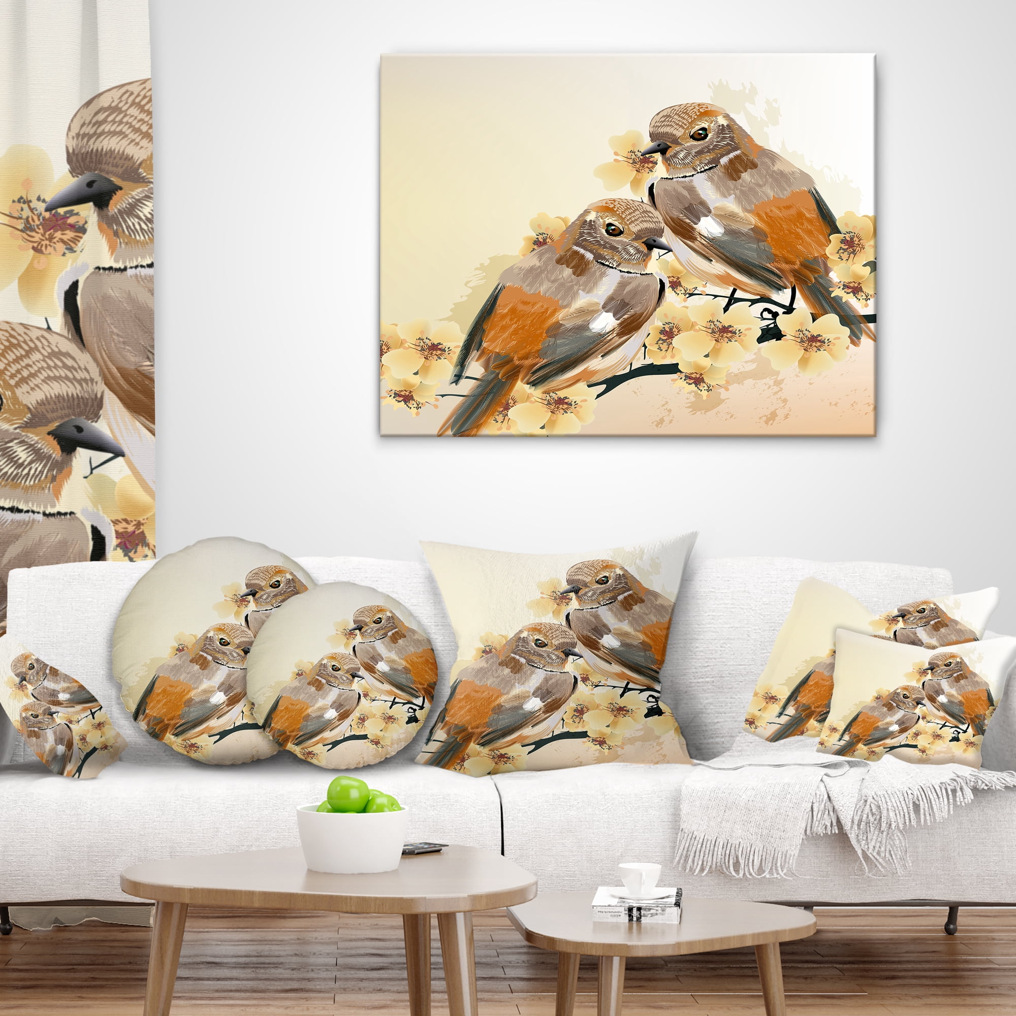 Designart Bird Couple on a Branch - Animal Throw Pillow - 16x16