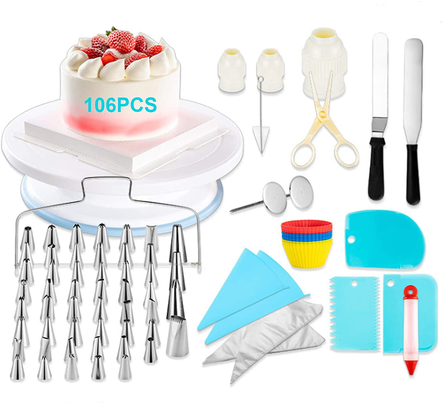 54 Icing Tips and Frosting Tools for Cake DIY SHEANAON Cake Decorating Equipment 106pcs Cake Decorating Set Cupcake Decorating Kit Baking Supplies with Nonslip Turntable Rotating Stand