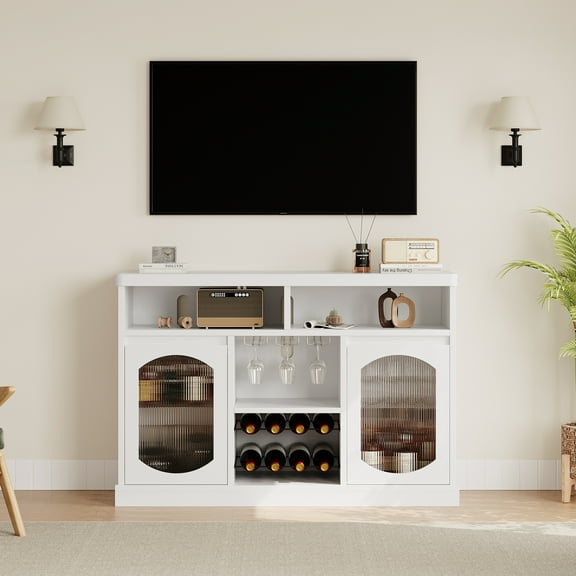 Modern Wine Bar Cabinet with LED Light, 47" Liquor Storage Cabinet with Wine Rack and Glass Hanger, White Buffet Storage Cabinet with Fluted Glass Doors for Kitchen Dining Living Room