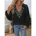 thumbnail image 5 of Women'S Boho Tops Long Sleeve V Neck Embroidery Blouse Linen Shirt Black XL, 5 of 8