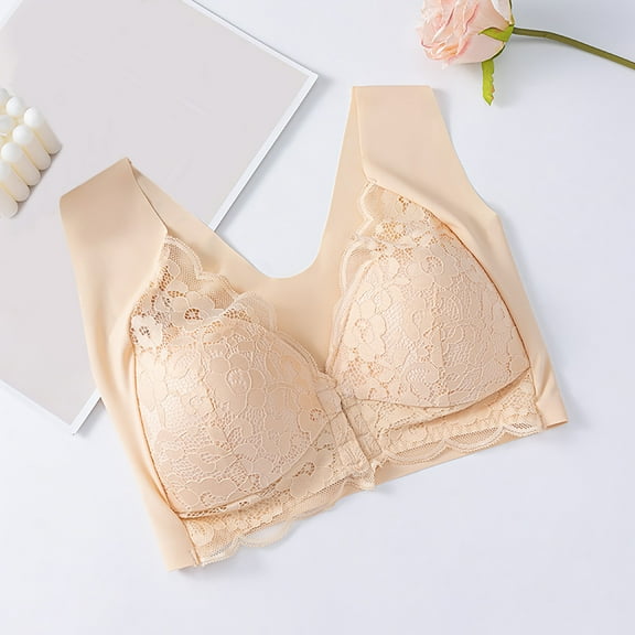 Amidoa Wire-Free Bras for Older Women Lace Beige Full Coverage Large Bust Embroidered Brasiers Women Lingerie L