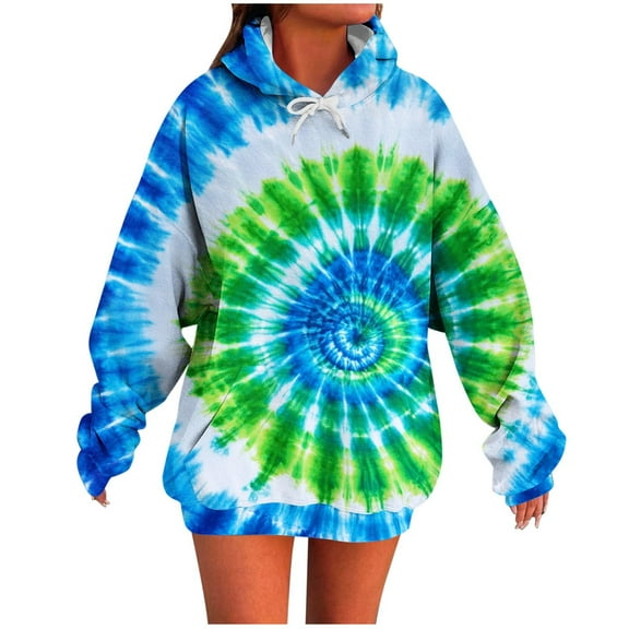 QQAMB Tie Dye Sweatshirts for Women Fall Trendy Drawstring Long Sleeve Hoodies Sweatshirts with Pocket Blue M
