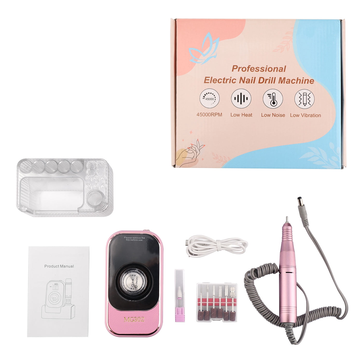 ASKITO 45000RPM Portable Nail Drill Electric File, Cordless Nail Drill with Bits & Base, Professional Rechargeable Nail E File Machine for Shaping, Removing & Polishing Gel Nails, Pink