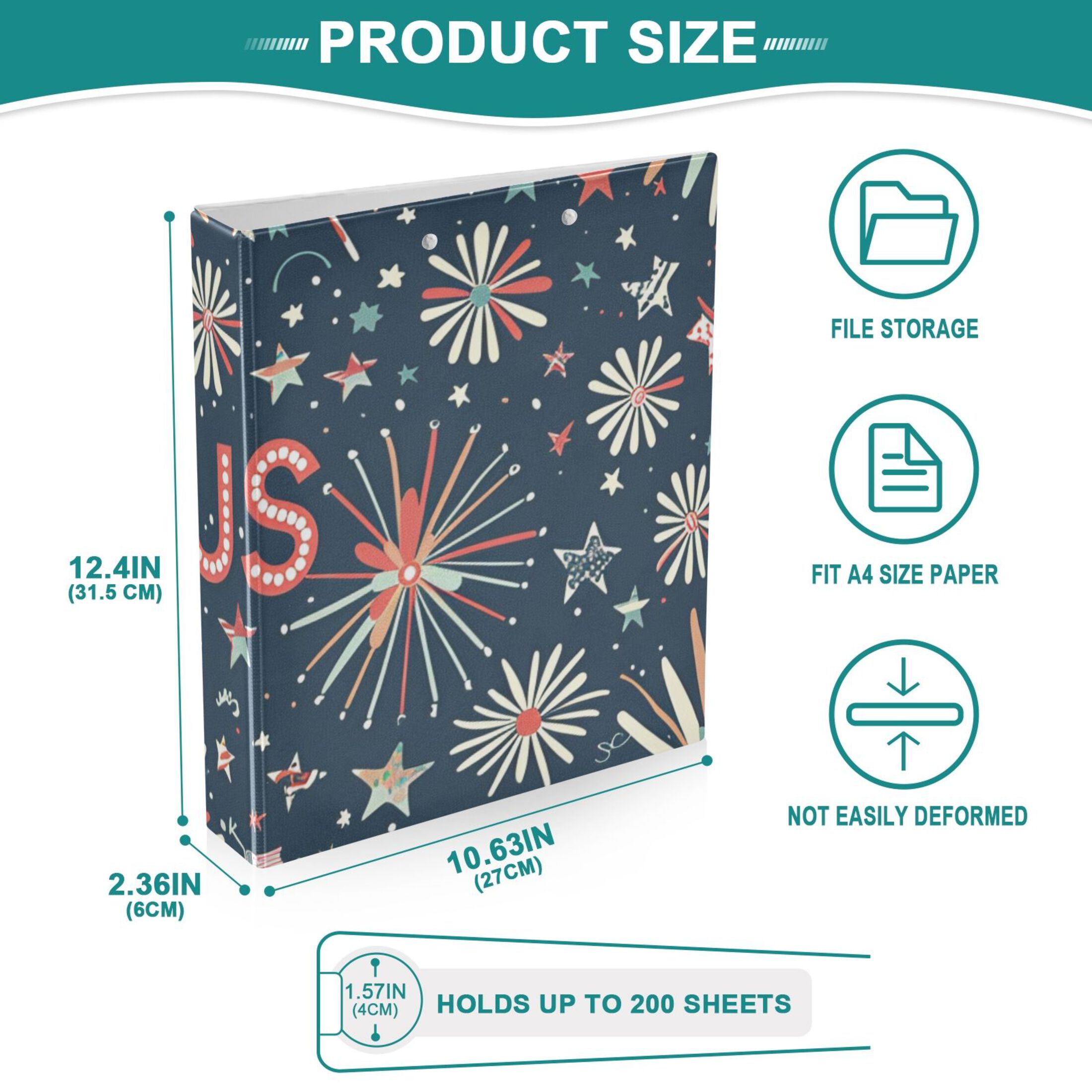 Fireworks and Stars Us 3 Ring Binders 1.5 inch Hardcover File Folders with Interior Pockets A4 Size Organizer for School Office Hospital