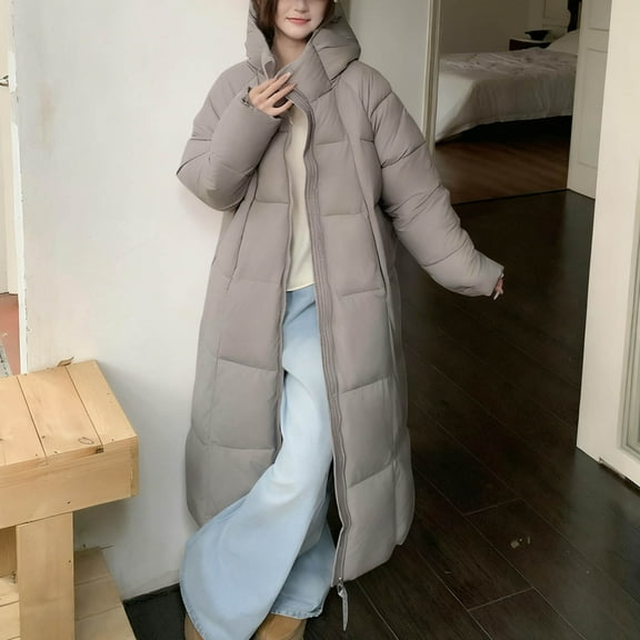 FDGIU Women's Slim Fit Puffer Coat - Attached Hood Zip Front, Lightweight Warm Long Jacket for Cold Weather Outdoor