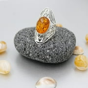 Real 925 Sterling Silver Ring, Genuine Amber Gemstone Finger Rings, Handmade Designer Filigree, Fashion Jewelry for Gifts, Rings for Men Women, Size 7