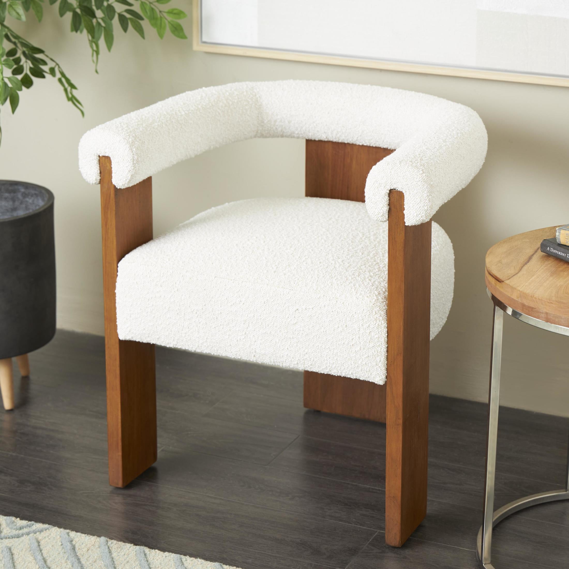 DecMode Polyester Curved Back Mid Century Modern Round Boucle Lounge Chair with Brown Wood Frame, Cream