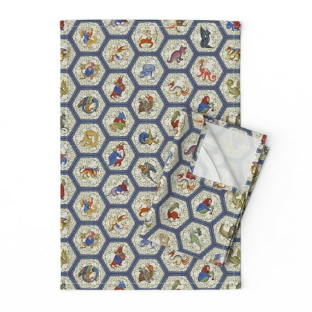 

Printed Tea Towel Linen Cotton Canvas - Medieval Creatures Blue Frame Dragon Myth Mermaid Monster Creature Mystical Geometric Magical Print Decorative Kitchen Towel by Spoonflower