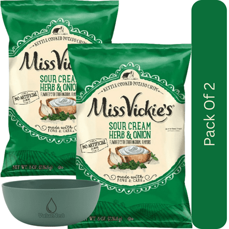 Miss Vickie’s Sour Cream Herb & Onion Kettle Cooked Potato Chips, 8 oz Bag with Olive Green Bowl by ValueNest