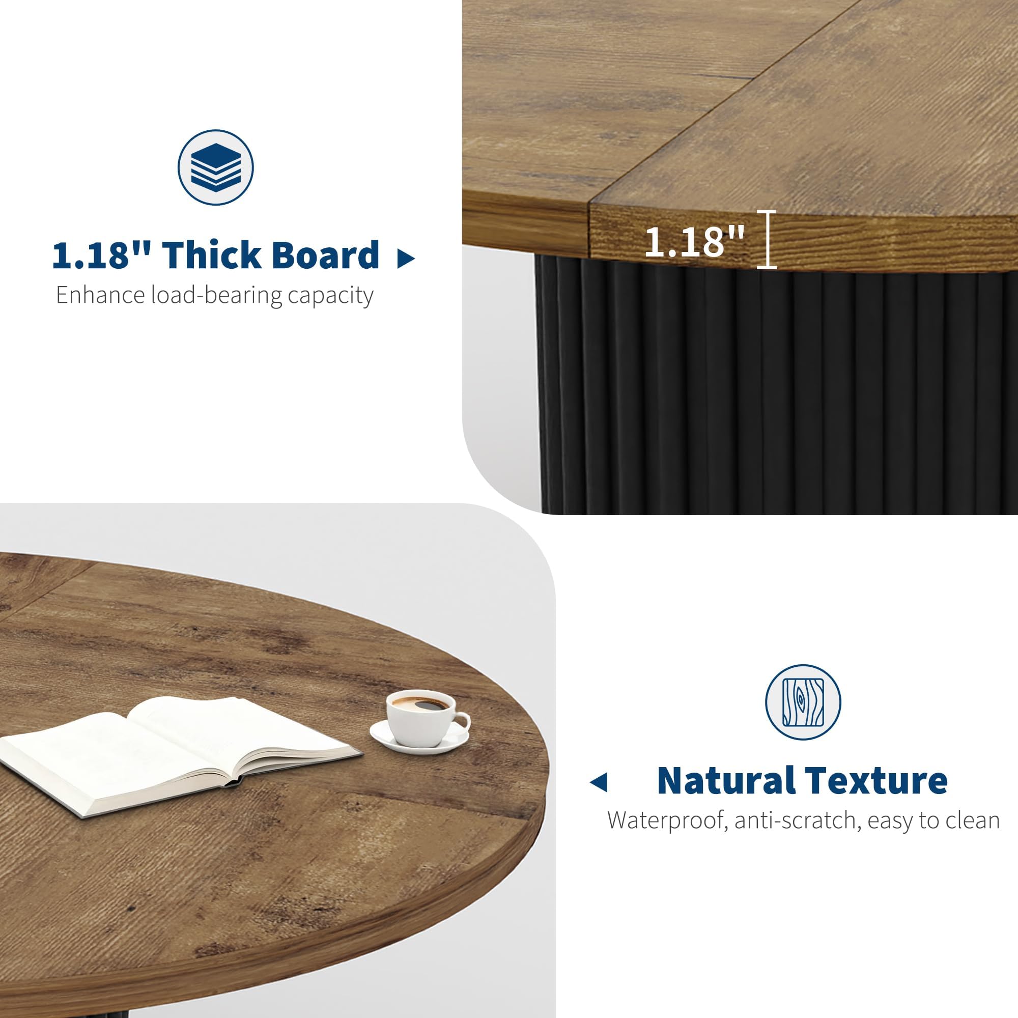 Round Dining Table for 4-6 People, 47‘’ Modern Kitchen Table with Fluted Metal Pedestal Base, Circle Dinner Furniture