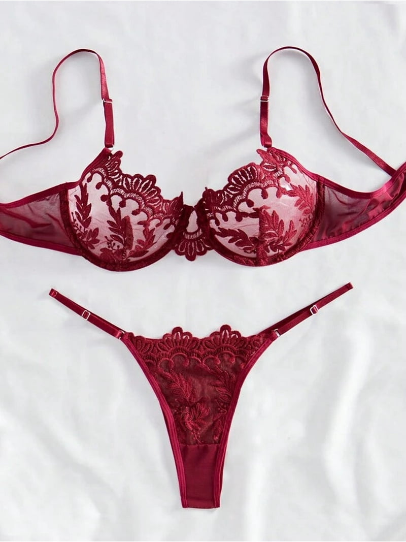 Burgundy Lingerie Set Sheer Mesh Embroidery