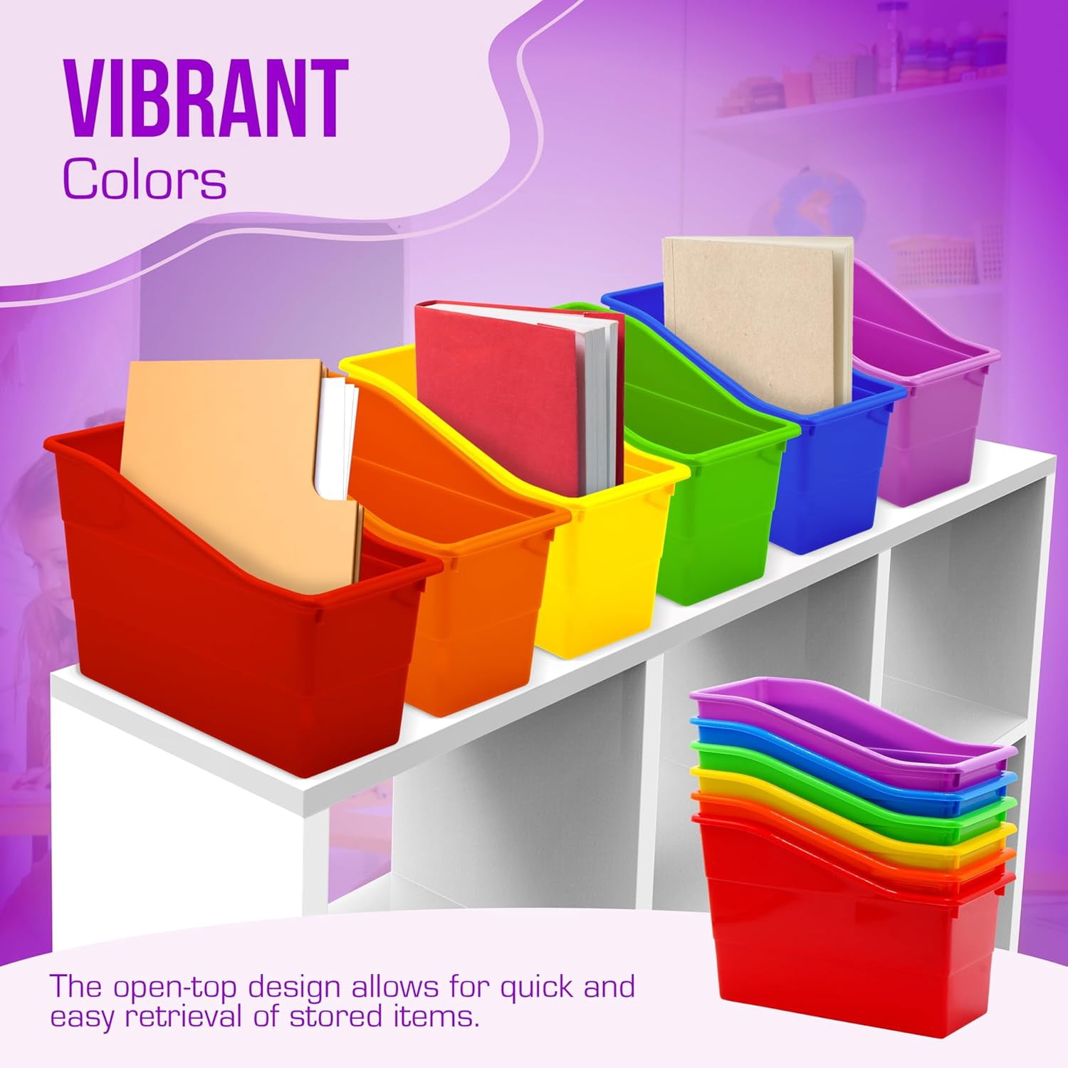 4E's Novelty Book Bin Organizer Set of 6, Plastic Vertical Binder Holder for Classroom, Rainbow Colors