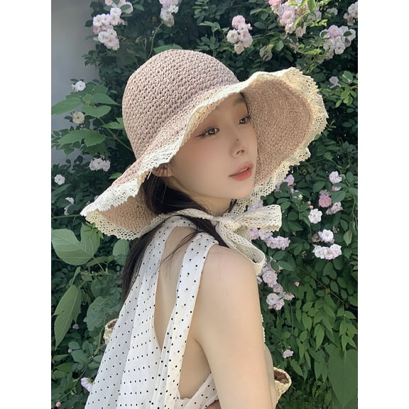 SikaFu Lace Straw Hat Women's New Summer Grass Weaving Hollow Outgoing Sun Protection Hat Beach Big Eaf Sun Protection Hat