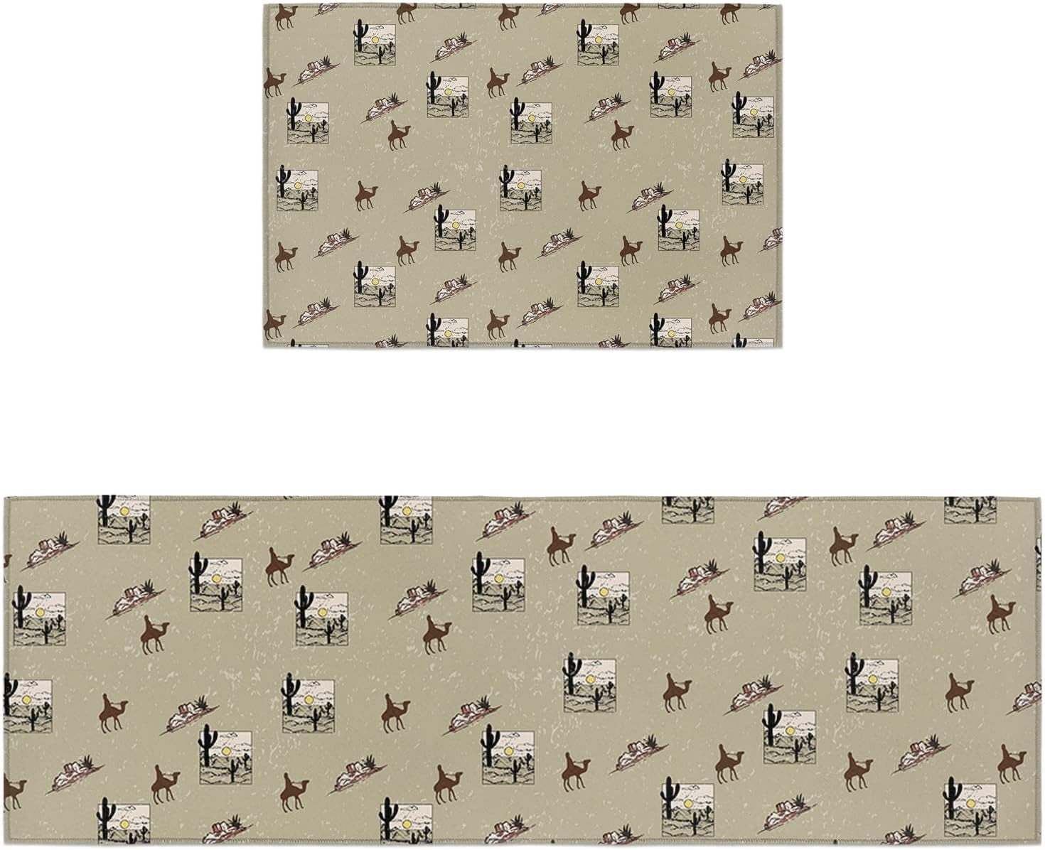 Kitchen Rugs and Mats Set of 2, Desert Theme Camel Mountain and Cactus Plant Non-Slip Floor Doormat Comfort Area Runner Rug and Mat, Tropical Botanical Indoor Entrance Carpet Home Decor