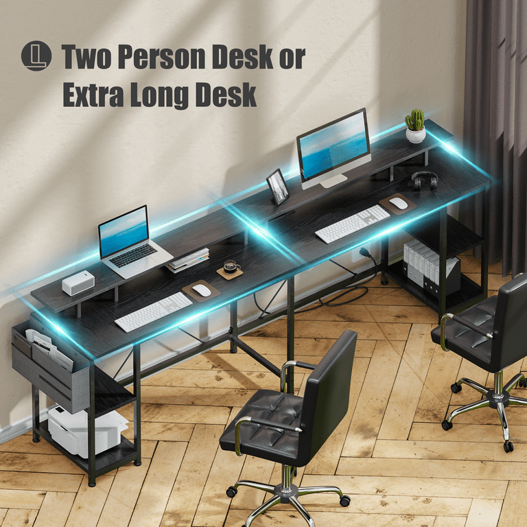 Double Computer Gaming Desk Table with 2 Outlets & 2 USB Charging Ports&LED  Lights,Modern Wood Two Person Desk with Keyboard Tray for Home Office