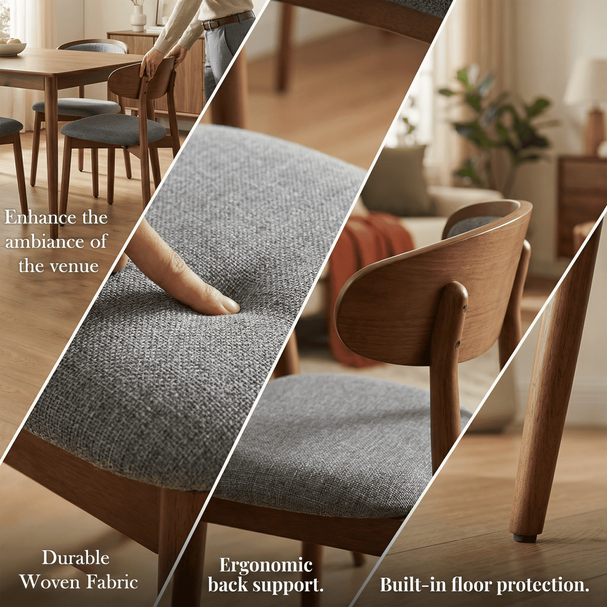 ENYLAY Mid-Century Modern Farmhouse Dining Chairs Set of 4, Armless Wooden Chairs with Upholstered Seat & Curved Backrest for Kitchen Dining Room (Gray)