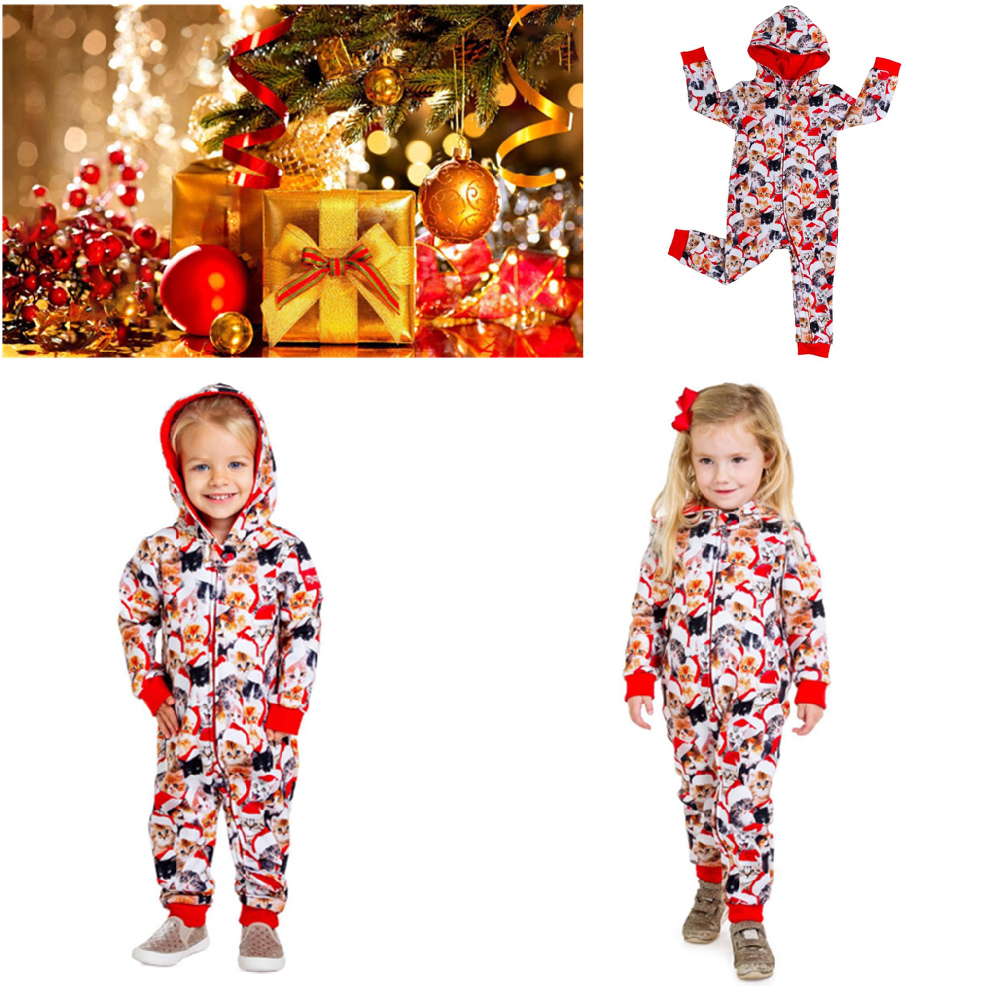 Lucky Cat Family Pajamas Christmas Jumpsuit Matching Women Men Kids Babys Hooded Pajamas Xmas