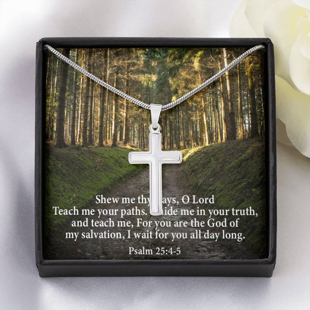 Scripture Card Baptism Psalm 25:4-5 Cross Necklace Faith Stainless Steel Pendant Religious