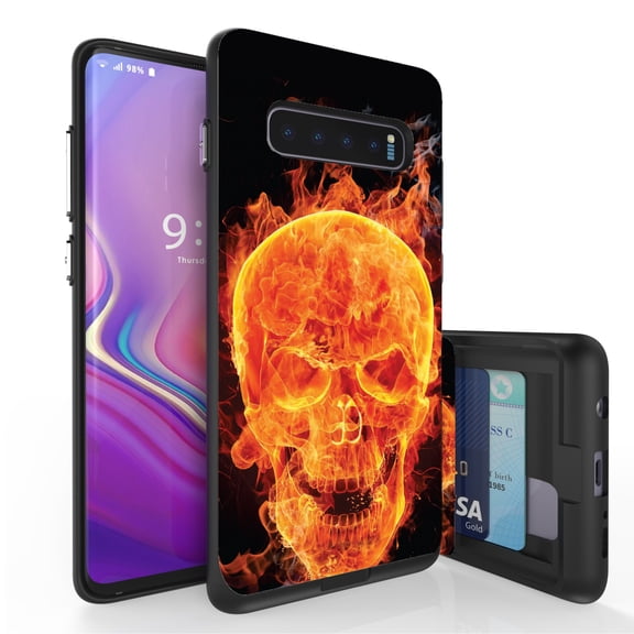 Galaxy S10  Case, Duo Shield Slim Wallet Case   Dual Layer Card Holder For Samsung Galaxy S10  [NOT S10 OR S10e] (Released 2019) Flaming Skull