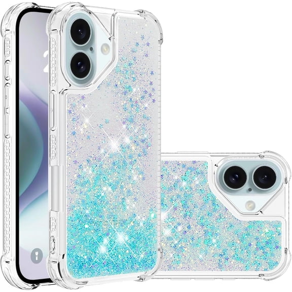 Case for iPhone 16 Case Glitter Liquid Cute Clear,Sparkle Floating Quicksand Shockproof Protective Bumper Soft TPU Phone Case for iPhone 16 6.1 inch Star Blue YB