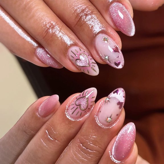 KUFptva Press on Nails Cats Eyes Fake Nails Glitters Designs Full Covers Glues on Nails Glossy Acrylic Nails Artificial Nails