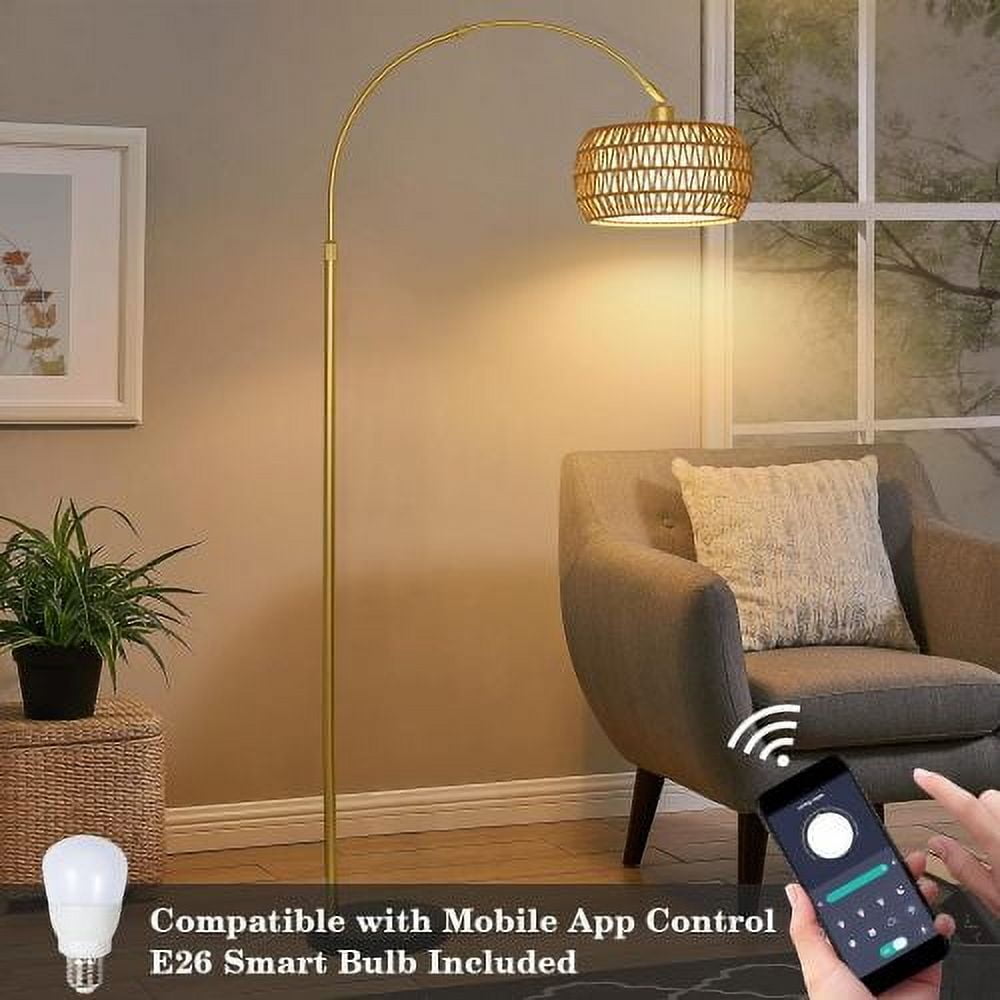 ACE-LIGHTS,Arc Dimmable LED Rattan Boho Floor Lamp with 3 Color Temperature & Remote Control,Standing Lamp,Farmhouse Tall Lamp,Over Couch Arched Reading Light for Living Room,Bedroom,Office(Gold)
