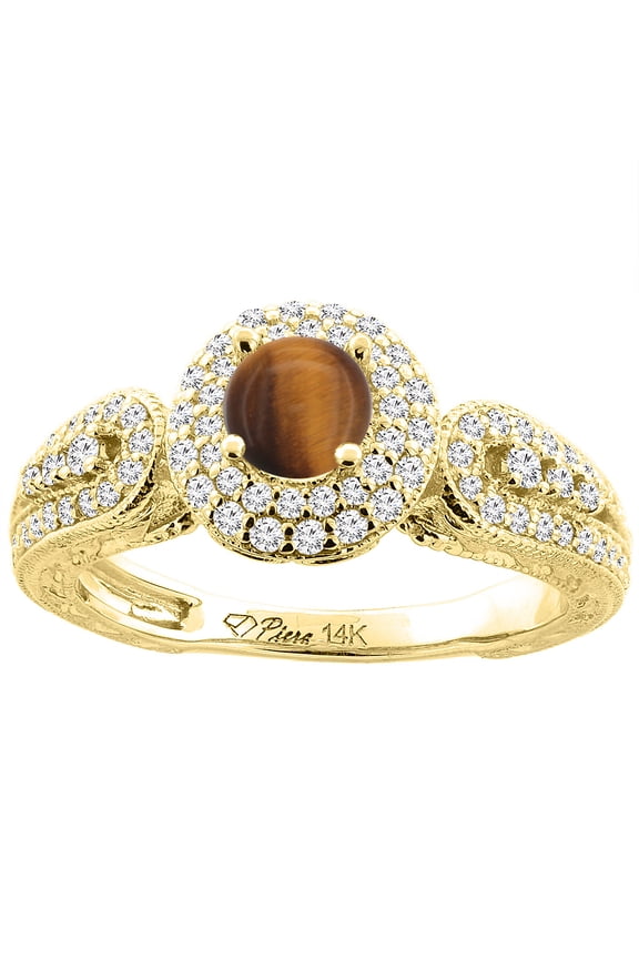 14K Yellow Gold Natural Tiger Eye & Diamond Halo Ring Round 5 mm, size 5