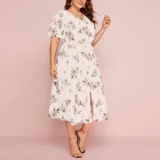 Flywake plus size dress for women Fashion Women Summer Casual Short Sleeve V Neck Printing Dress