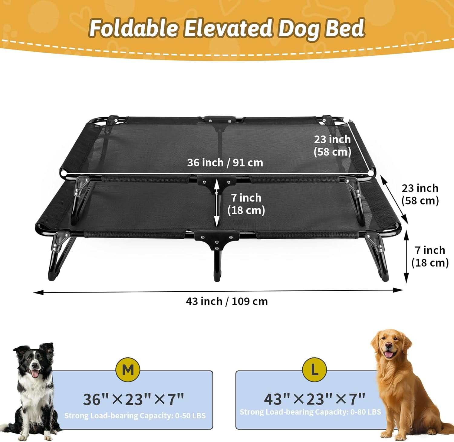 Foldable Elevated Dog Bed for Large Pet, No-Assembly-Need Folding Raised Dog Bed, Waterproof Outdoor Dogs Cot Cooling Pet Hammock Beds with Breathable Mesh, Chew-Proof, Black