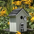 thumbnail image 3 of Bird House with Black Stepped Roof, Rustic Beige, Modern Farmhouse Panels, Applied Arched Window Details, Perch, 8 Inches, 3 of 6