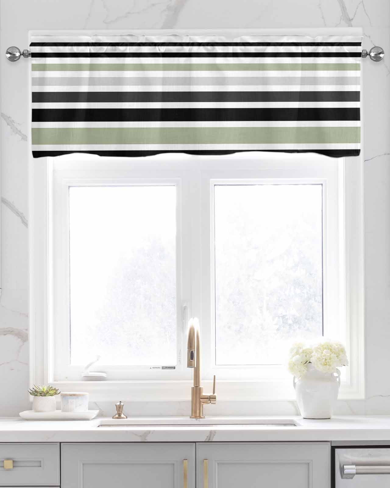 Sage Green Black Stripe Kitchen Valances for Windows Farmhouse Linen Window Valance Curtain for Living Room Window Treatment Modern Abstract Coarse Striped Valance Rod Pocket Topper, 54 x 18 Inch