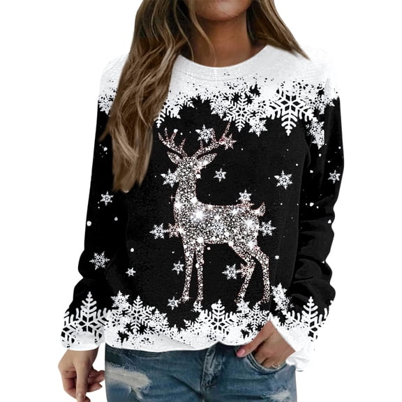 Tiweut Womens Christmas Sweatshirts Santa Deer Print Round Neck Long Sleeve Cozy Holiday Regular Tops Black,L