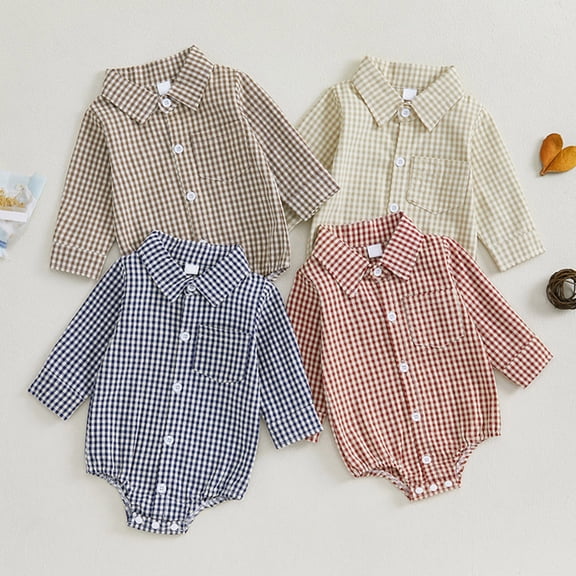 Einccm Baby Girls Plaid Romper - Long-Sleeve Lapel Collar Button-Down Shirt Bodysuit, Soft Breathable Infant Jumpsuit, Stylish Checkered One-Piece Climbing Clothes, Fits 0-12 Months