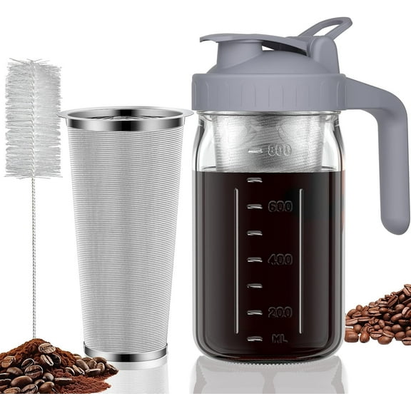 Cold Brew Coffee Maker Pitcher, 32 oz Thick Glass Mason Jar Spout Lid with Handle & Stainless Steel Filter for Iced Brew Coffee, Ice Lemonade, Sun Tea, Fruit Drinks Container