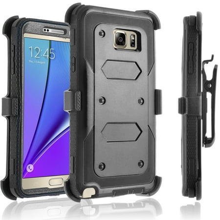 Galaxy Note 5 Case, [SUPER GUARD] Dual Layer Protection With [Built-in Screen Protector] Holster Locking Belt Clip+Circle(TM) Stylus Touch Screen Pen (Black)