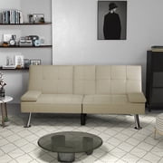 Bonzy Home Futon Versatile Sofa Bed with Cup Holders USB Port Foldable 2-Seater Guest Bed for Living Room, Ivory