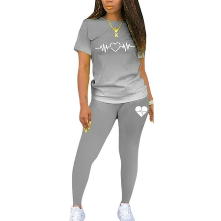 

Capreze Ladies Two Piece Outfit Crew Neck Jogger Set Short Sleeve Lounge Sets Casual Pajamas Gradient Sleepwear Gray M