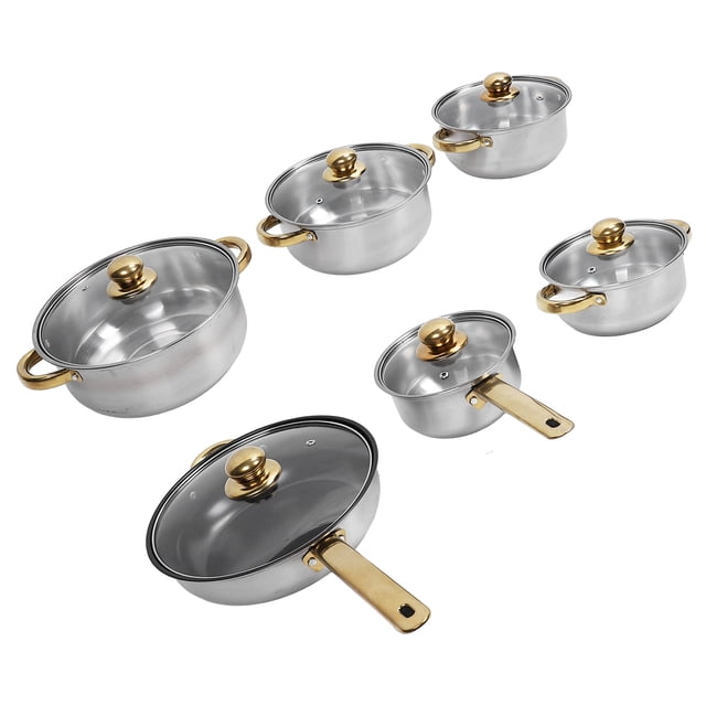 Juego De Cacerola Para Freír, Juego De Cocina Multifuncional, Olla Resistente A Altas Temperaturas, No Se Deforma Fácilmente Con Diseño De Mango Dorado Para Uso Doméstico