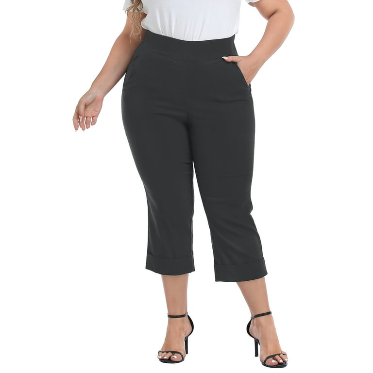 HDE Women's Plus Size Pull On Capris with Pockets Cropped Pants Charcoal 2X